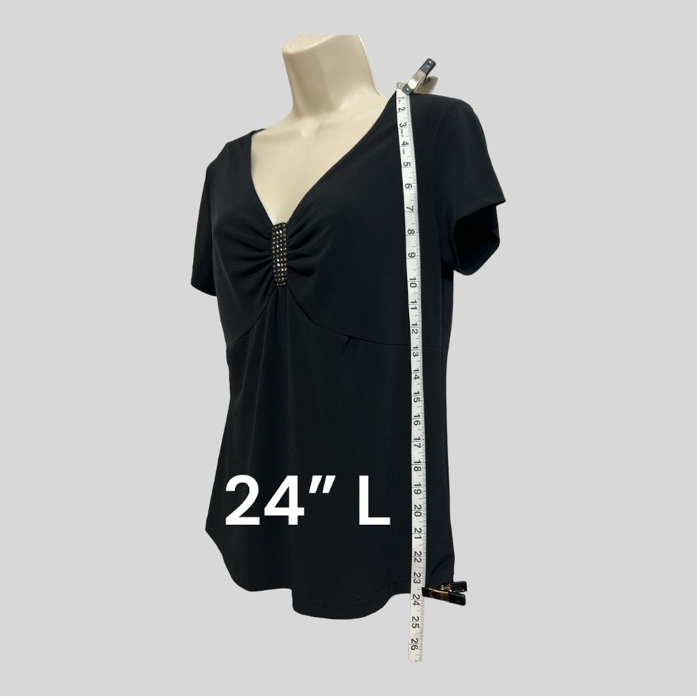 JKLA California Black Knit Top with Rhinestone Studded gathered V Neck Size L - Picture 2 of 6
